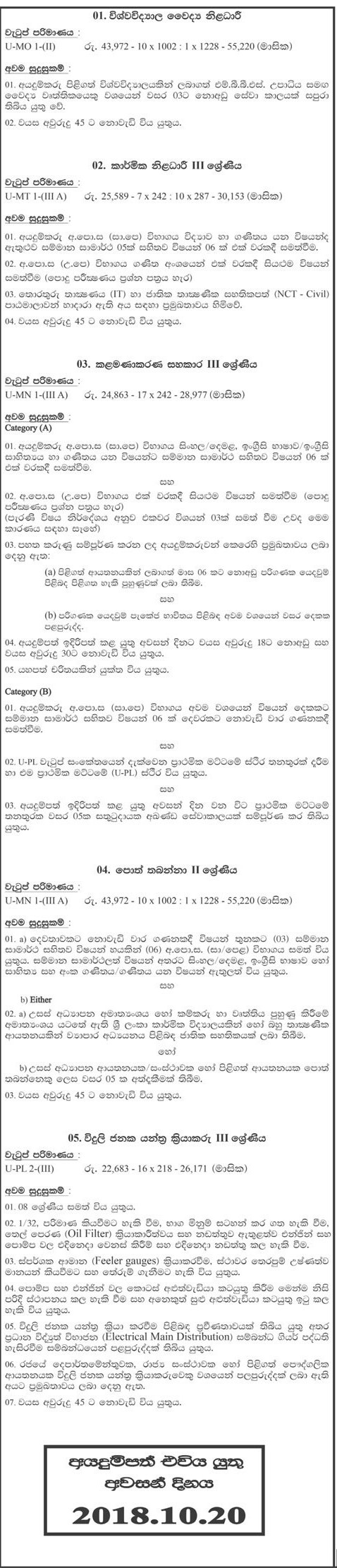 Management Assistant, Library Attendant, Laboratory Attendant, Medical Officer, Technical Officer, Book Keeper, Generator Operator, Air Conditioning Technician, Electrician, Plumber, Mason, Carpenter, Cook, Barman, Sanitary Labourer, Supervisor, Labourer - General Sir John Kotelawala Defence University